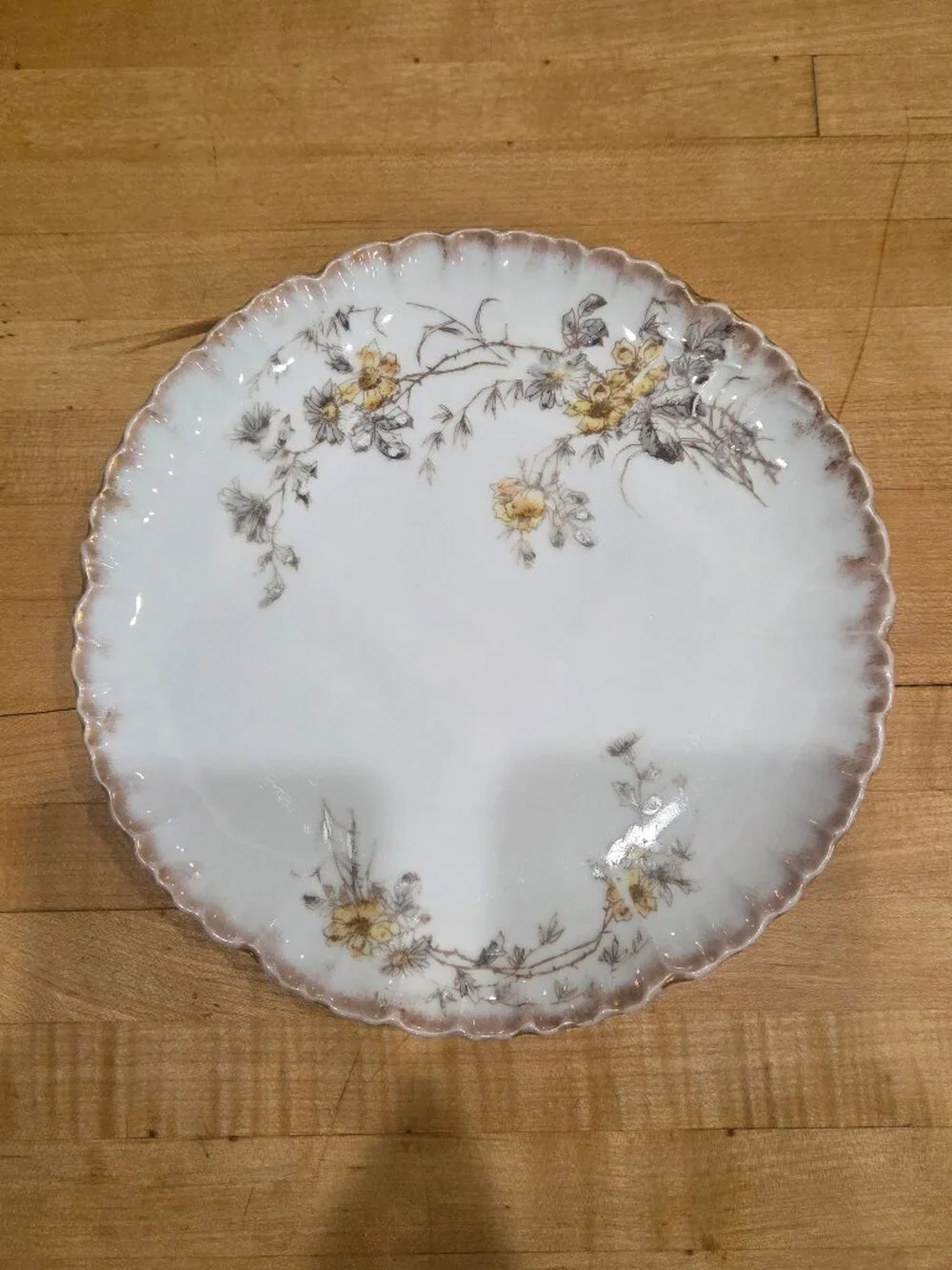 Antique CFH GDM Limoges France Yellow Floral Scalloped Gilt Porcelain Dinner Pla